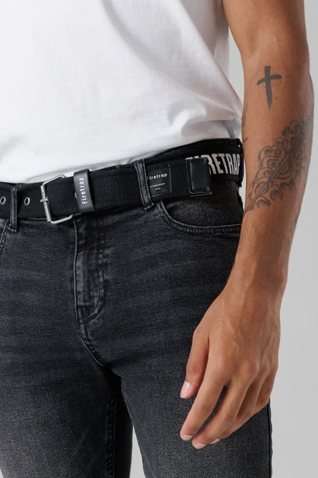 Black Slim Fit Jeans With Branded Cotton Belt And Contrast Stitching - Image 3