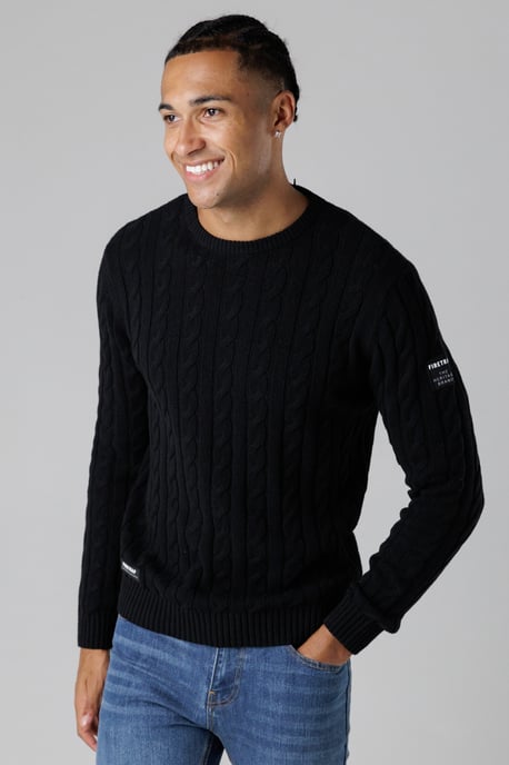 Black Regular Fit Cotton Rich Cable Knit Crew Neck Jumper - Image 1
