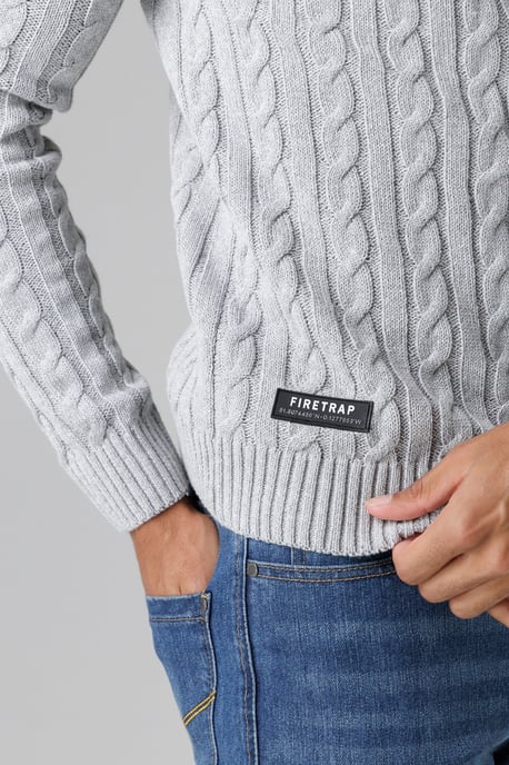 Light Grey Regular Fit Cotton Rich Cable Knit Crew Neck Jumper - Image 3