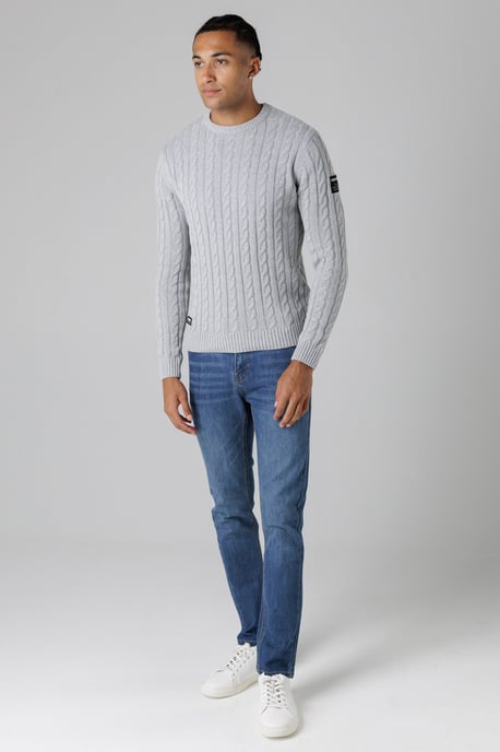 Light Grey Regular Fit Cotton Rich Cable Knit Crew Neck Jumper - Image 4