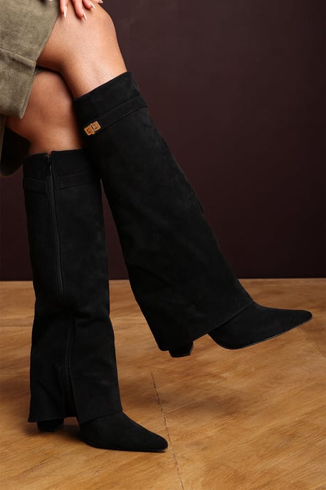Wheres That From Womens 'Nova' Fold Over Shark Block Heel Point Toe Boots Suede - Image 2