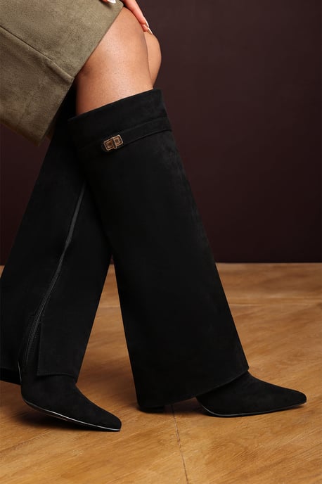Wheres That From Womens 'Nova' Fold Over Shark Block Heel Point Toe Boots Suede - Image 4