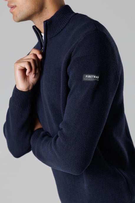 Dark Navy Cotton Rich Half Zip Funnel Neck Jumper - Image 3