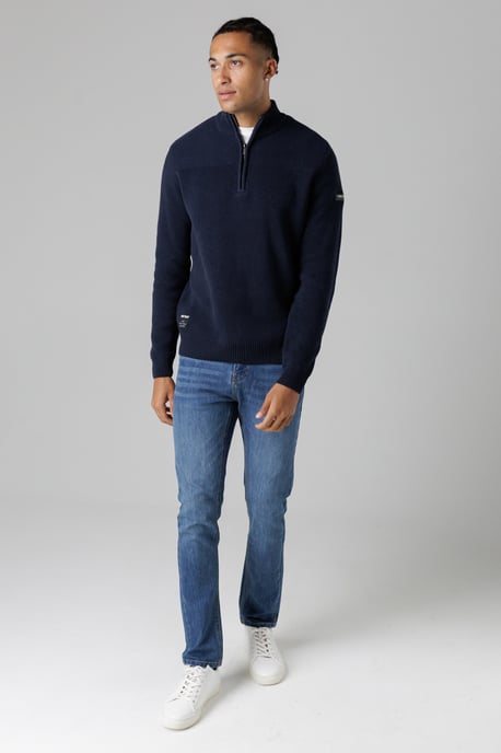 Dark Navy Cotton Rich Half Zip Funnel Neck Jumper - Image 4