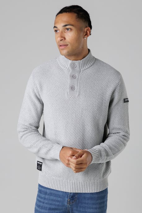 Light Grey Cotton Rich Waffle Knit Funnel Neck Jumper With Buttons - Image 3
