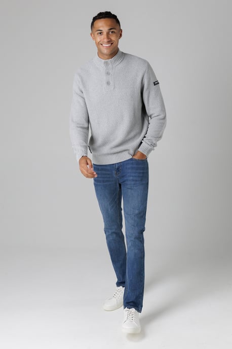 Light Grey Cotton Rich Waffle Knit Funnel Neck Jumper With Buttons - Image 5