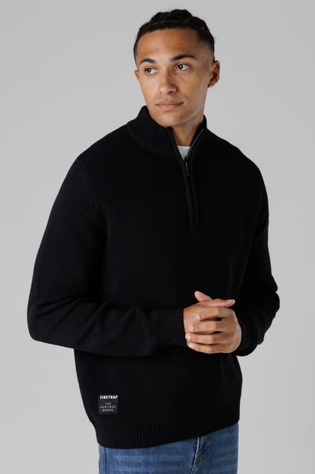 Black Cotton Rich Half Zip Funnel Neck Jumper - Image 1
