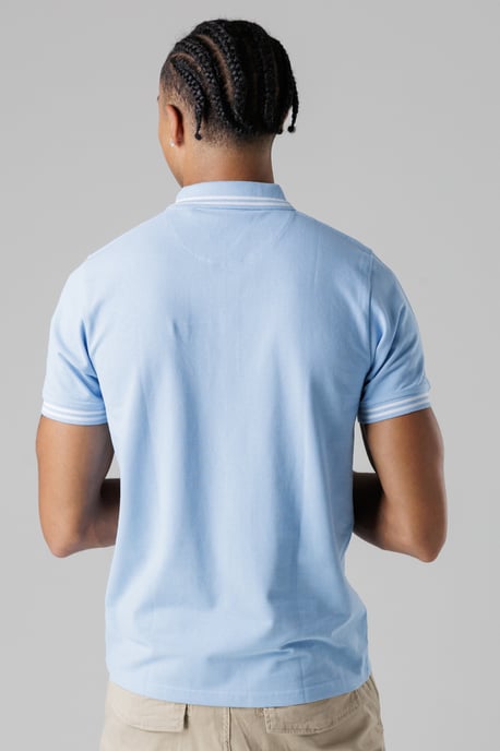 Mid Blue Regular Fit Cotton Button Polo Shirt With Stripe Detail - Image 2