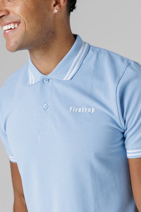 Mid Blue Regular Fit Cotton Button Polo Shirt With Stripe Detail - Image 3