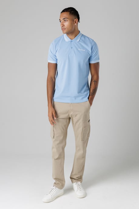 Mid Blue Regular Fit Cotton Button Polo Shirt With Stripe Detail - Image 4