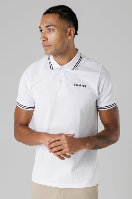 White Regular Fit Cotton Button Polo Shirt With Stripe Detail - Image 1