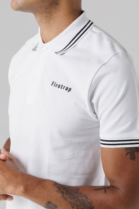 White Regular Fit Cotton Button Polo Shirt With Stripe Detail - Image 3