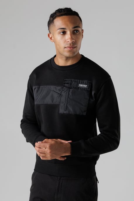 Black Regular Fit Cotton Rich Crew Neck Sweatshirt With Chest Pocket - Image 1