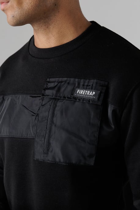 Black Regular Fit Cotton Rich Crew Neck Sweatshirt With Chest Pocket - Image 3