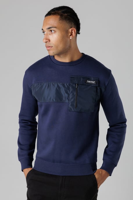 Dark Navy Regular Fit Cotton Rich Crew Neck Sweatshirt With Chest Pocket - Image 1