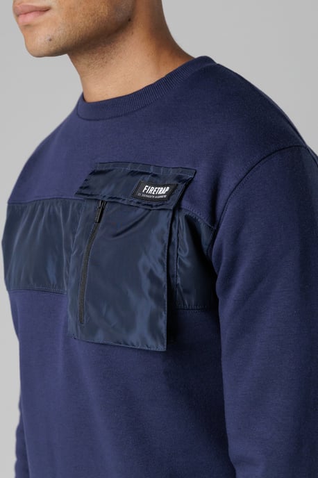 Dark Navy Regular Fit Cotton Rich Crew Neck Sweatshirt With Chest Pocket - Image 3