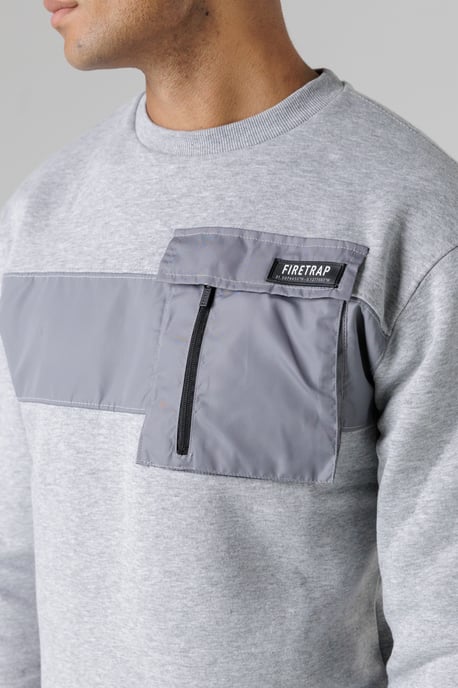 Light Grey Regular Fit Cotton Rich Crew Neck Sweatshirt With Chest Pocket - Image 3