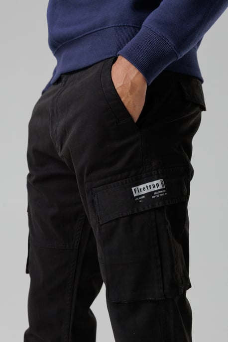 Black Cotton Stretch Utility Cargo Trousers With Oversized Pockets - Image 3
