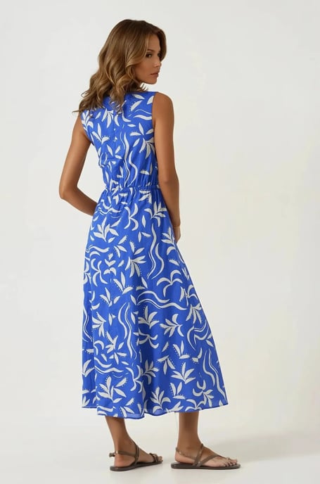 Blue Leaf Print Summer Dress - Image 4