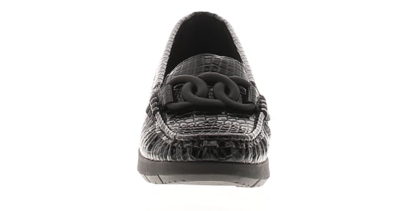 Comfisole Womens Shoes Curve Slip On Croc Effect Loafer Wedges Patent Black - Image 3