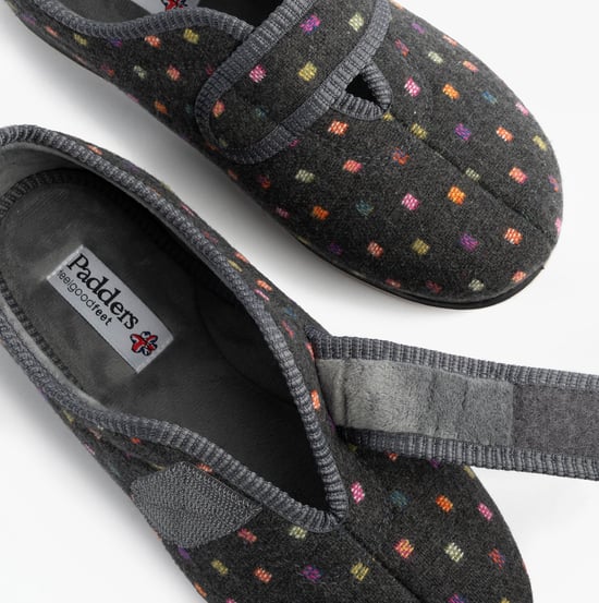 Padders Camilla Womens (2e Fit) Touch Fasten Polka Dot Slippers Grey/multi - Image 6