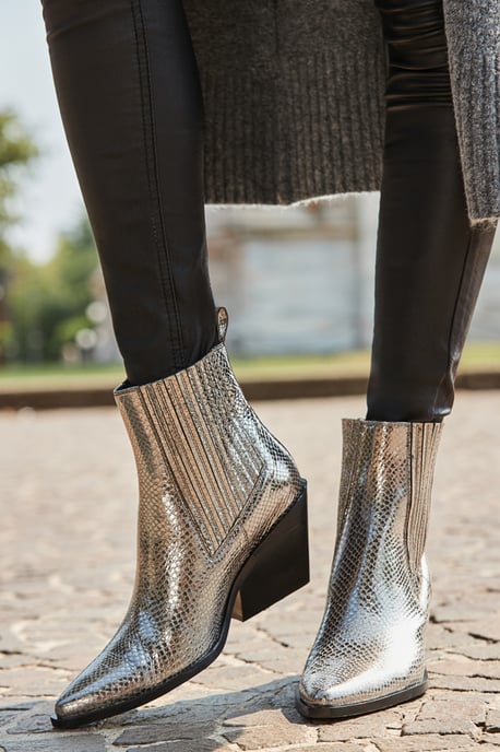 Silver Leather Western Stack Heel Boots - Image 1