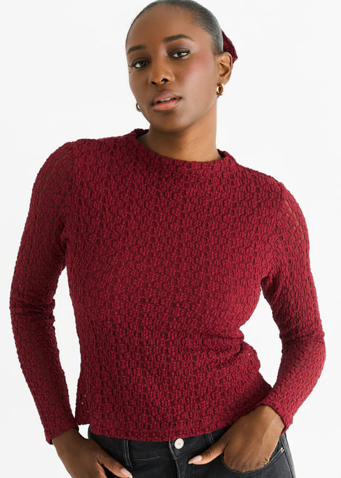 Burgundy höghalsad jerseyblus med spets och långa ärmar - Image 2