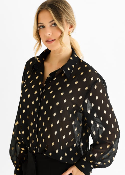 Black Chiffon Foil Jacquard Sheer Shirt - Image 2