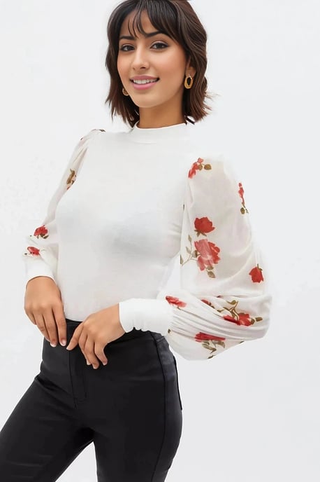Floral Mesh Sleeve Top - Image 1