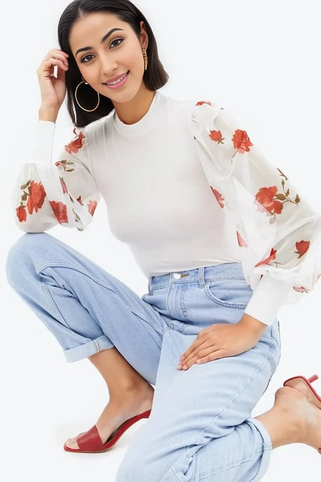 Floral Mesh Sleeve Top - Image 2