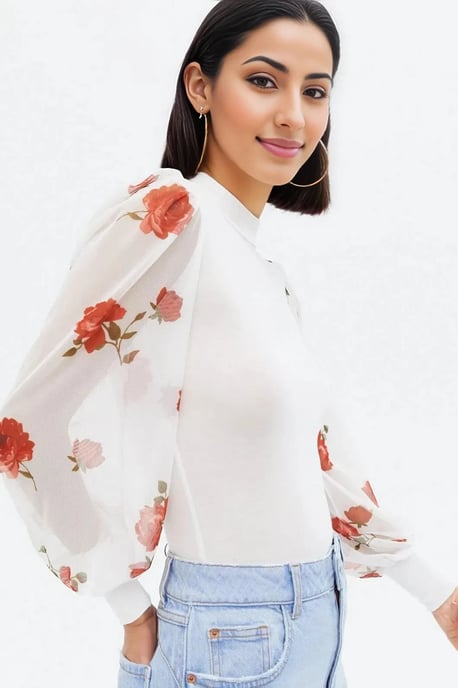 Floral Mesh Sleeve Top - Image 6