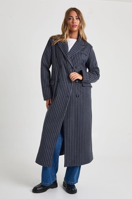 Wool Look Pinstripe Oversized Maxi Jacket - Image 1