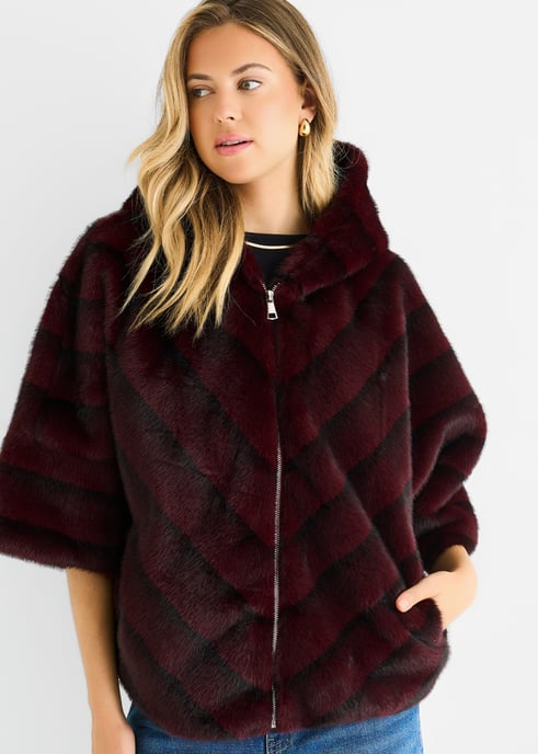 Burgundy Hooded Chevron Faux Fur Cape Jacket - Image 2