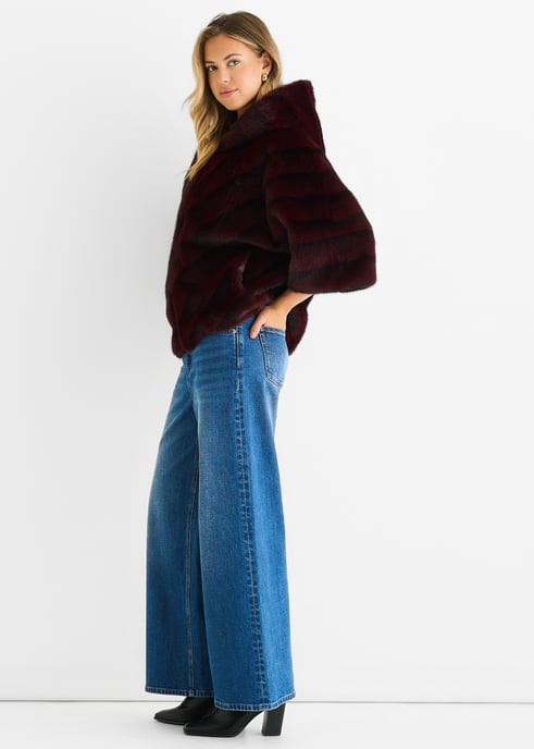 Burgundy Hooded Chevron Faux Fur Cape Jacket - Image 3