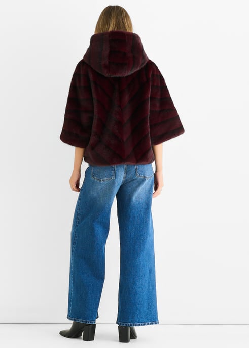 Burgundy Hooded Chevron Faux Fur Cape Jacket - Image 4