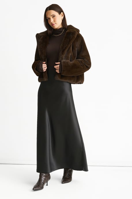 Coffee Crushed Look Faux Fur Cropped Jacket - Image 1