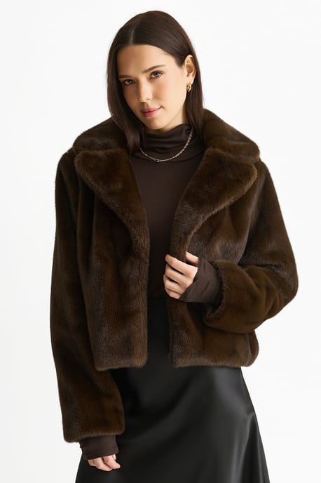 Coffee Crushed Look Faux Fur Cropped Jacket - Image 2