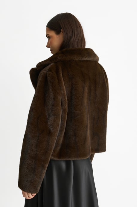 Coffee Crushed Look Faux Fur Cropped Jacket - Image 4