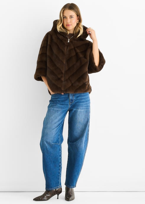 Coffee Hooded Chevron Faux Fur Cape Jacket - Image 1