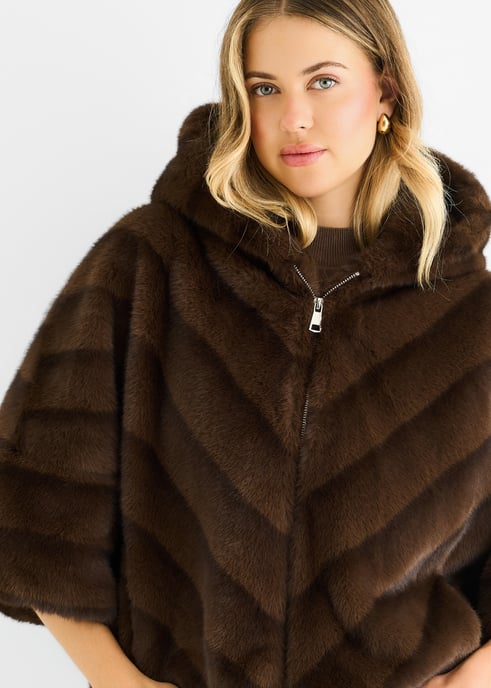 Coffee Hooded Chevron Faux Fur Cape Jacket - Image 2