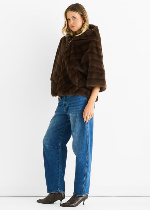 Coffee Hooded Chevron Faux Fur Cape Jacket - Image 3