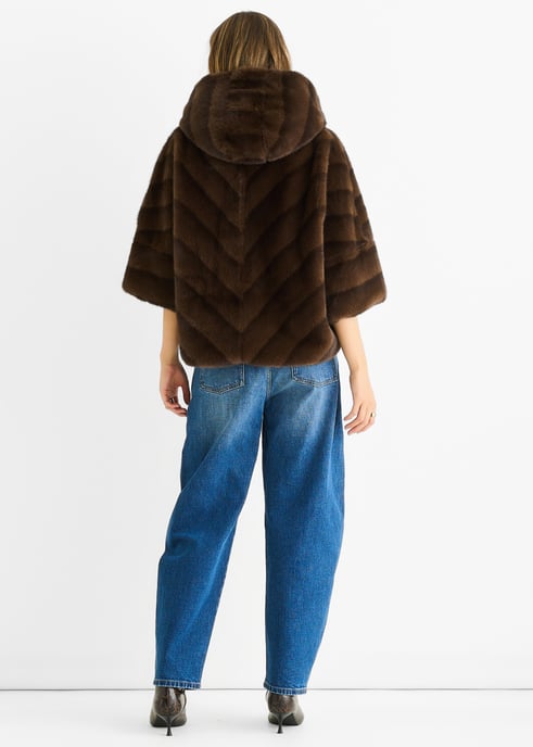 Coffee Hooded Chevron Faux Fur Cape Jacket - Image 4