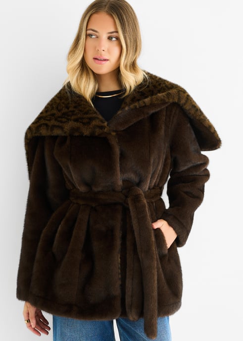 Chocolate Premium Contrast Lapel Hood Animal Faux Fur Jacket - Image 2