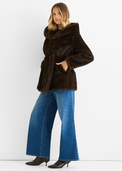 Chocolate Premium Contrast Lapel Hood Animal Faux Fur Jacket - Image 3