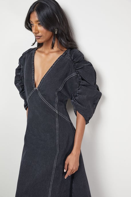 Denim Gathered Shoulder Seam Detail Midi Dress - Image 2