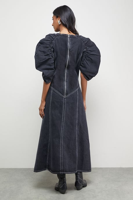 Denim Gathered Shoulder Seam Detail Midi Dress - Image 3