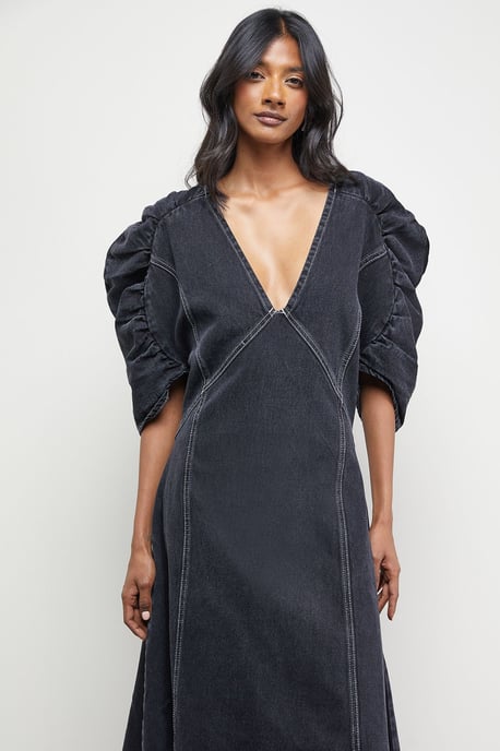 Denim Gathered Shoulder Seam Detail Midi Dress - Image 4