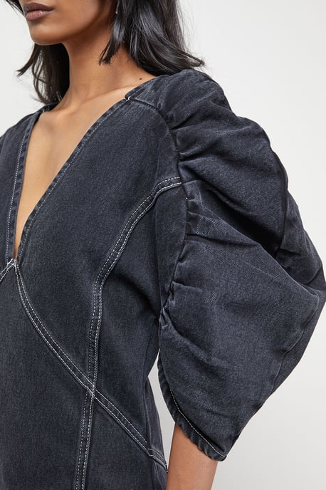 Denim Gathered Shoulder Seam Detail Midi Dress - Image 5