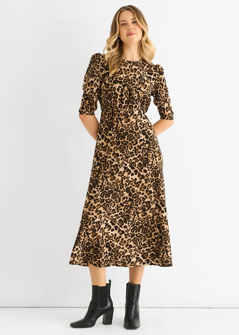 Brown Animal Print Satin Animal Shift Midi Dress - Image 1