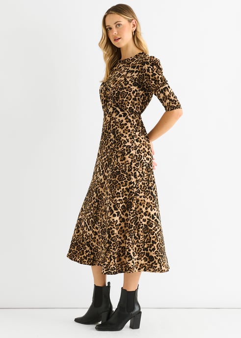 Brown Animal Print Satin Animal Shift Midi Dress - Image 3